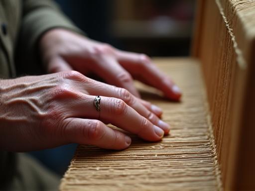 年配の職人の手が若い職人の手に織り方を教えている様子を接写。